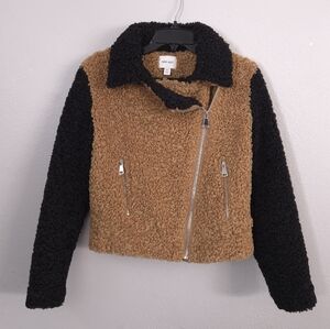 Nine West Sherpa Moto Jacket Faux Fur Chic Brown Tan Black